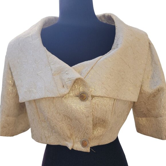 Luxurious Gold Brocade Jacquard Designer Jacket Cardigan Coat Bolero Cover Cape - Picture 2 of 16